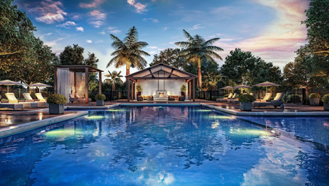 Animation of pool, cabana, and lounge chairs at dusk. 