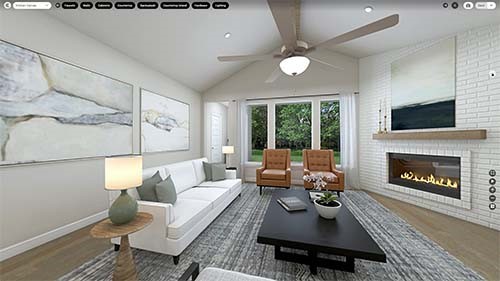 Visualizer of a living room with couch, coffee table, lamp, and ceiling fan.