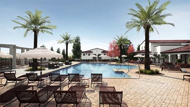 Photoreal Rendering of a pool with chair, palm trees, and umbrellas.